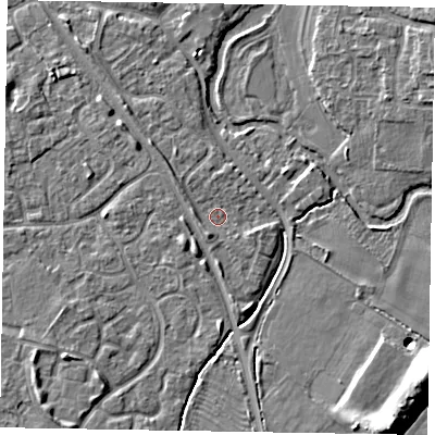 Shaded relief map of the ground around MK160LQ, computed from Environment Agency LiDAR. The ground here sits at about 56 m above sea level and falls 9 m across the surrounding 800 m. Surface water reaching this point runs off ground lying to the south-south-west, 1.9 m higher.