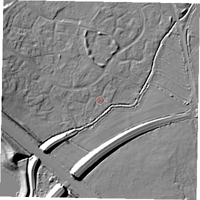 Shaded relief map of the ground around MK160LX, computed from Environment Agency LiDAR. The ground here sits at about 58 m above sea level and falls 14 m across the surrounding 800 m. Surface water reaching this point runs off ground lying to the south-west, 8.4 m higher.