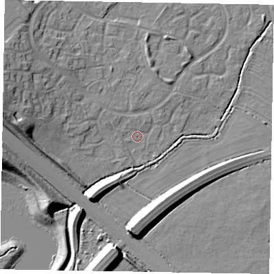Shaded relief map of the ground around MK160LY, computed from Environment Agency LiDAR. The ground here sits at about 58 m above sea level and falls 15 m across the surrounding 800 m. Surface water reaching this point runs off ground lying to the west, 11.8 m higher.