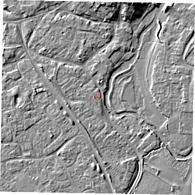 Shaded relief map of the ground around MK160LZ, computed from Environment Agency LiDAR. The ground here sits at about 56 m above sea level and falls 7 m across the surrounding 800 m. Surface water reaching this point runs off ground lying to the west, 1.4 m higher.