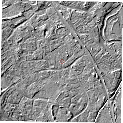 Shaded relief map of the ground around MK160NA, computed from Environment Agency LiDAR. The ground here sits at about 56 m above sea level and falls 10 m across the surrounding 800 m. Surface water reaching this point runs off ground lying to the south-west, 7.5 m higher.