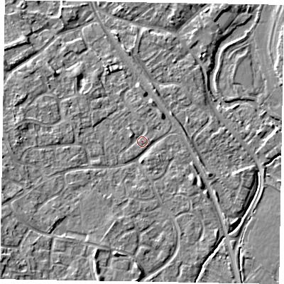 Shaded relief map of the ground around MK160NB, computed from Environment Agency LiDAR. The ground here sits at about 56 m above sea level and falls 8 m across the surrounding 800 m. Surface water reaching this point runs off ground lying to the south-west, 5.9 m higher.