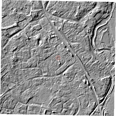Shaded relief map of the ground around MK160ND, computed from Environment Agency LiDAR. The ground here sits at about 56 m above sea level and falls 8 m across the surrounding 800 m. Surface water reaching this point runs off ground lying to the south-west, 6.5 m higher.