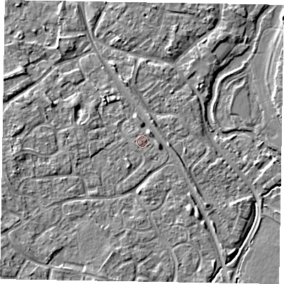 Shaded relief map of the ground around MK160NE, computed from Environment Agency LiDAR. The ground here sits at about 56 m above sea level and falls 7 m across the surrounding 800 m. Surface water reaching this point runs off ground lying to the east, 1.9 m higher.