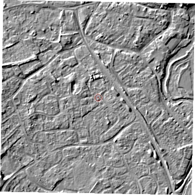 Shaded relief map of the ground around MK160NG, computed from Environment Agency LiDAR. The ground here sits at about 56 m above sea level and falls 9 m across the surrounding 800 m. Surface water reaching this point runs off ground lying to the south-west, 7.5 m higher.