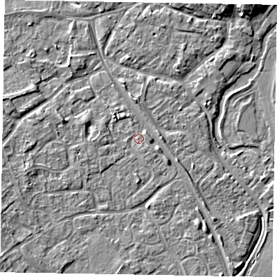 Shaded relief map of the ground around MK160NQ, computed from Environment Agency LiDAR. The ground here sits at about 56 m above sea level and falls 7 m across the surrounding 800 m. Surface water reaching this point runs off ground lying to the south-west, 4.8 m higher.