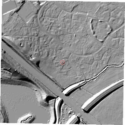 Shaded relief map of the ground around MK160PA, computed from Environment Agency LiDAR. The ground here sits at about 60 m above sea level and falls 21 m across the surrounding 800 m. Surface water reaching this point runs off ground lying to the west-north-west, 12.2 m higher.