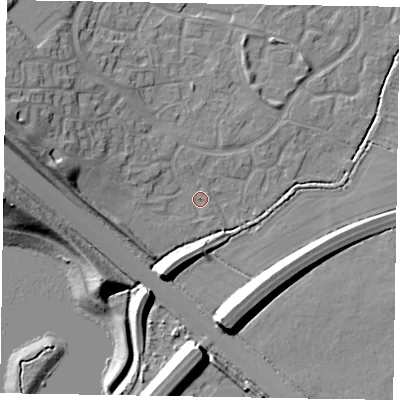 Shaded relief map of the ground around MK160PB, computed from Environment Agency LiDAR. The ground here sits at about 59 m above sea level and falls 19 m across the surrounding 800 m. Surface water reaching this point runs off ground lying to the west-north-west, 9.9 m higher.