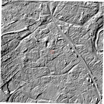 Shaded relief map of the ground around MK160PJ, computed from Environment Agency LiDAR. The ground here sits at about 57 m above sea level and falls 11 m across the surrounding 800 m. Surface water reaching this point runs off ground lying to the north-west, 0.9 m higher.