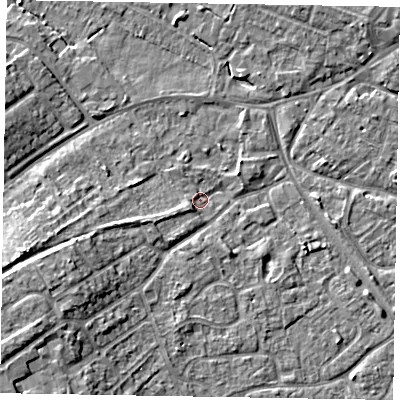 Shaded relief map of the ground around MK160QN, computed from Environment Agency LiDAR. The ground here sits at about 56 m above sea level and falls 11 m across the surrounding 800 m. Surface water reaching this point runs off ground lying to the south-west, 9.6 m higher.