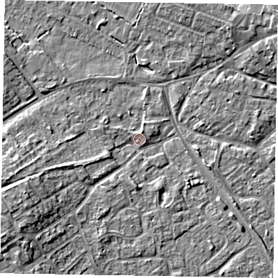 Shaded relief map of the ground around MK160QW, computed from Environment Agency LiDAR. The ground here sits at about 56 m above sea level and falls 10 m across the surrounding 800 m. Surface water reaching this point runs off ground lying to the south-west, 9.0 m higher.
