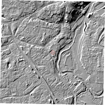 Shaded relief map of the ground around MK160YZ, computed from Environment Agency LiDAR. The ground here sits at about 55 m above sea level and falls 9 m across the surrounding 800 m. Surface water reaching this point runs off ground lying to the north-north-east, 7.1 m higher.
