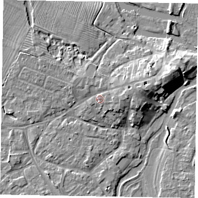 Shaded relief map of the ground around MK168AB, computed from Environment Agency LiDAR. The ground here sits at about 60 m above sea level and falls 10 m across the surrounding 800 m. Surface water reaching this point runs off ground lying to the east-north-east, 4.5 m higher.