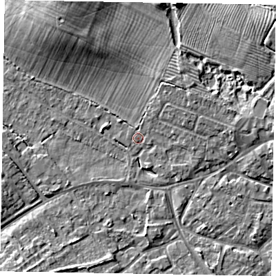 Shaded relief map of the ground around MK168BB, computed from Environment Agency LiDAR. The ground here sits at about 56 m above sea level and falls 8 m across the surrounding 800 m. Surface water reaching this point runs off ground lying to the north-east, 1.1 m higher.
