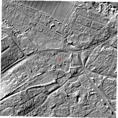 Shaded relief map of the ground around MK168BD, computed from Environment Agency LiDAR. The ground here sits at about 56 m above sea level and falls 10 m across the surrounding 800 m. Surface water reaching this point runs off ground lying to the south-east, 2.1 m higher.