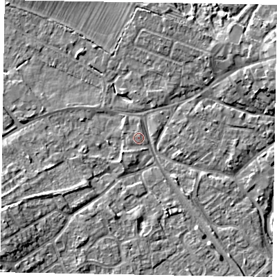 Shaded relief map of the ground around MK168EA, computed from Environment Agency LiDAR. The ground here sits at about 56 m above sea level and falls 9 m across the surrounding 800 m. Surface water reaching this point runs off ground lying to the south-west, 7.8 m higher.