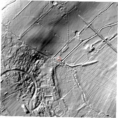 Shaded relief map of the ground around MK168EE, computed from Environment Agency LiDAR. The ground here sits at about 56 m above sea level and falls 17 m across the surrounding 800 m. Surface water reaching this point runs off ground lying to the south-west, 2.0 m higher.