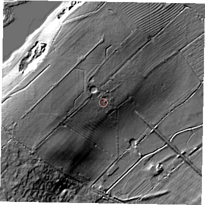 Shaded relief map of the ground around MK168EF, computed from Environment Agency LiDAR. The ground here sits at about 62 m above sea level and falls 16 m across the surrounding 800 m. Surface water reaching this point runs off ground lying to the north-west, 2.8 m higher.