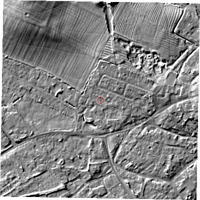 Shaded relief map of the ground around MK168EG, computed from Environment Agency LiDAR. The ground here sits at about 56 m above sea level and falls 8 m across the surrounding 800 m. Surface water reaching this point runs off ground lying to the east-north-east, 3.6 m higher.