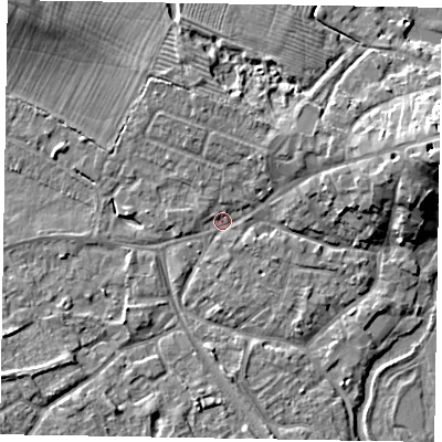Shaded relief map of the ground around MK168EH, computed from Environment Agency LiDAR. The ground here sits at about 55 m above sea level and falls 9 m across the surrounding 800 m. Surface water reaching this point runs off ground lying to the east-north-east, 7.7 m higher.