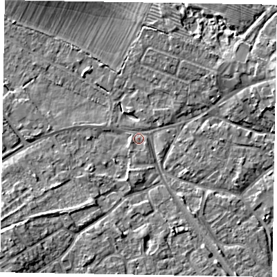 Shaded relief map of the ground around MK168EL, computed from Environment Agency LiDAR. The ground here sits at about 56 m above sea level and falls 9 m across the surrounding 800 m. Surface water reaching this point runs off ground lying to the south-west, 7.7 m higher.