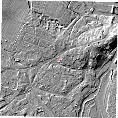 Shaded relief map of the ground around MK168EN, computed from Environment Agency LiDAR. The ground here sits at about 57 m above sea level and falls 10 m across the surrounding 800 m. Surface water reaching this point runs off ground lying to the east-north-east, 6.9 m higher.