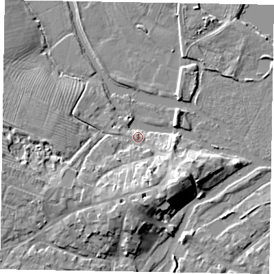 Shaded relief map of the ground around MK168ER, computed from Environment Agency LiDAR. The ground here sits at about 56 m above sea level and falls 11 m across the surrounding 800 m. Surface water reaching this point runs off ground lying to the south-east, 9.9 m higher.
