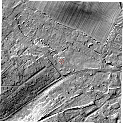 Shaded relief map of the ground around MK168FA, computed from Environment Agency LiDAR. The ground here sits at about 56 m above sea level and falls 11 m across the surrounding 800 m. The ground contributing surface water to this point lies to the west-south-west.