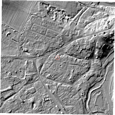 Shaded relief map of the ground around MK168HD, computed from Environment Agency LiDAR. The ground here sits at about 56 m above sea level and falls 10 m across the surrounding 800 m. Surface water reaching this point runs off ground lying to the east-north-east, 7.7 m higher.
