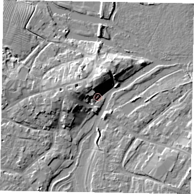 Shaded relief map of the ground around MK168HH, computed from Environment Agency LiDAR. The ground here sits at about 56 m above sea level and falls 10 m across the surrounding 800 m. Surface water reaching this point runs off ground lying to the north-west, 9.5 m higher.
