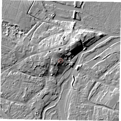 Shaded relief map of the ground around MK168HJ, computed from Environment Agency LiDAR. The ground here sits at about 59 m above sea level and falls 10 m across the surrounding 800 m. Surface water reaching this point runs off ground lying to the north, 5.0 m higher.