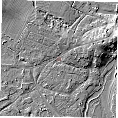 Shaded relief map of the ground around MK168HL, computed from Environment Agency LiDAR. The ground here sits at about 56 m above sea level and falls 10 m across the surrounding 800 m. Surface water reaching this point runs off ground lying to the east-north-east, 7.6 m higher.