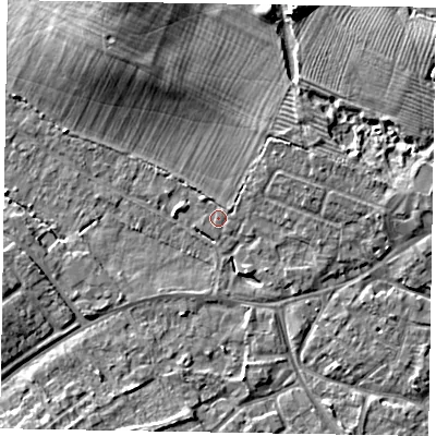Shaded relief map of the ground around MK168HP, computed from Environment Agency LiDAR. The ground here sits at about 56 m above sea level and falls 8 m across the surrounding 800 m. Surface water reaching this point runs off ground lying to the east-north-east, 0.6 m higher.