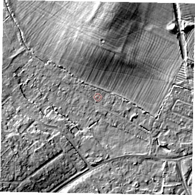 Shaded relief map of the ground around MK168HR, computed from Environment Agency LiDAR. The ground here sits at about 56 m above sea level and falls 10 m across the surrounding 800 m. Surface water reaching this point runs off ground lying to the north, 7.8 m higher.