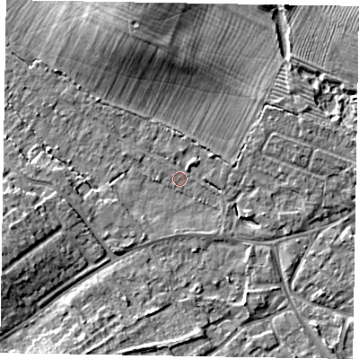 Shaded relief map of the ground around MK168HS, computed from Environment Agency LiDAR. The ground here sits at about 55 m above sea level and falls 8 m across the surrounding 800 m. Surface water reaching this point runs off ground lying to the east-north-east, 5.3 m higher.