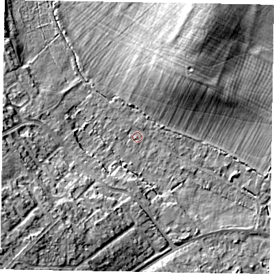 Shaded relief map of the ground around MK168HT, computed from Environment Agency LiDAR. The ground here sits at about 55 m above sea level and falls 12 m across the surrounding 800 m. Surface water reaching this point runs off ground lying to the north-east, 7.6 m higher.