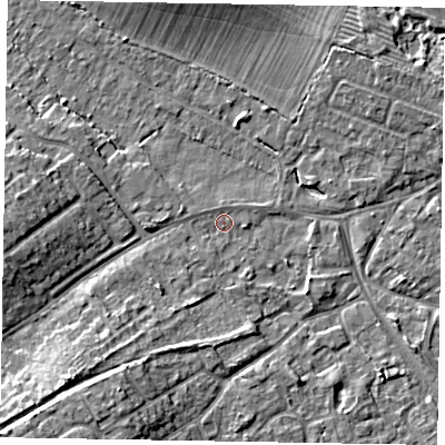 Shaded relief map of the ground around MK168HU, computed from Environment Agency LiDAR. The ground here sits at about 56 m above sea level and falls 10 m across the surrounding 800 m. Surface water reaching this point runs off ground lying to the south-west, 8.4 m higher.