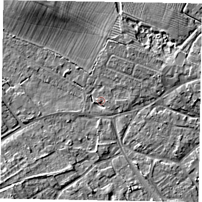 Shaded relief map of the ground around MK168HW, computed from Environment Agency LiDAR. The ground here sits at about 56 m above sea level and falls 8 m across the surrounding 800 m. Surface water reaching this point runs off ground lying to the east-north-east, 1.6 m higher.