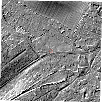 Shaded relief map of the ground around MK168HX, computed from Environment Agency LiDAR. The ground here sits at about 56 m above sea level and falls 9 m across the surrounding 800 m. Surface water reaching this point runs off ground lying to the south-west, 0.7 m higher.