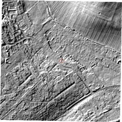 Shaded relief map of the ground around MK168JA, computed from Environment Agency LiDAR. The ground here sits at about 57 m above sea level and falls 13 m across the surrounding 800 m. Surface water reaching this point runs off ground lying to the south-south-east, 2.2 m higher.