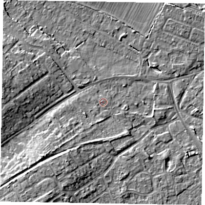 Shaded relief map of the ground around MK168JE, computed from Environment Agency LiDAR. The ground here sits at about 56 m above sea level and falls 10 m across the surrounding 800 m. Surface water reaching this point runs off ground lying to the south, 1.5 m higher.