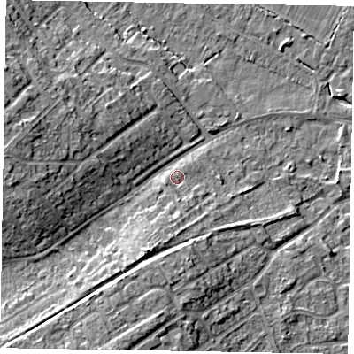 Shaded relief map of the ground around MK168JG, computed from Environment Agency LiDAR. The ground here sits at about 58 m above sea level and falls 11 m across the surrounding 800 m. Surface water reaching this point runs off ground lying to the south, 2.2 m higher.
