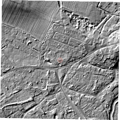 Shaded relief map of the ground around MK168JR, computed from Environment Agency LiDAR. The ground here sits at about 56 m above sea level and falls 8 m across the surrounding 800 m. Surface water reaching this point runs off ground lying to the north-east, 1.5 m higher.