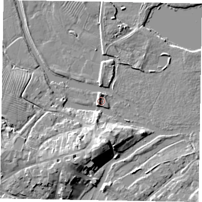 Shaded relief map of the ground around MK168JT, computed from Environment Agency LiDAR. The ground here sits at about 55 m above sea level and falls 11 m across the surrounding 800 m. Surface water reaching this point runs off ground lying to the south, 9.9 m higher.