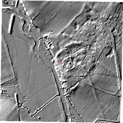 Shaded relief map of the ground around MK168LD, computed from Environment Agency LiDAR. The ground here sits at about 57 m above sea level and falls 7 m across the surrounding 800 m. Surface water reaching this point runs off ground lying to the east-south-east, 1.9 m higher.