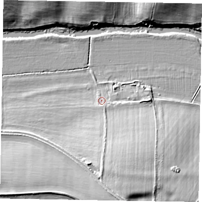 Shaded relief map of the ground around MK168LX, computed from Environment Agency LiDAR. The ground here sits at about 54 m above sea level and falls 13 m across the surrounding 800 m. Surface water reaching this point runs off ground lying to the south-south-east, 9.9 m higher.