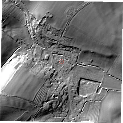 Shaded relief map of the ground around MK168NB, computed from Environment Agency LiDAR. The ground here sits at about 64 m above sea level and falls 30 m across the surrounding 800 m. Surface water reaching this point runs off ground lying to the west-south-west, 25.5 m higher.