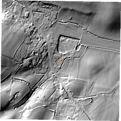 Shaded relief map of the ground around MK168NH, computed from Environment Agency LiDAR. The ground here sits at about 64 m above sea level and falls 26 m across the surrounding 800 m. Surface water reaching this point runs off ground lying to the west, 20.8 m higher.