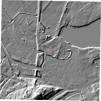Shaded relief map of the ground around MK168NL, computed from Environment Agency LiDAR. The ground here sits at about 55 m above sea level and falls 11 m across the surrounding 800 m. Surface water reaching this point runs off ground lying to the south-south-west, 0.9 m higher.