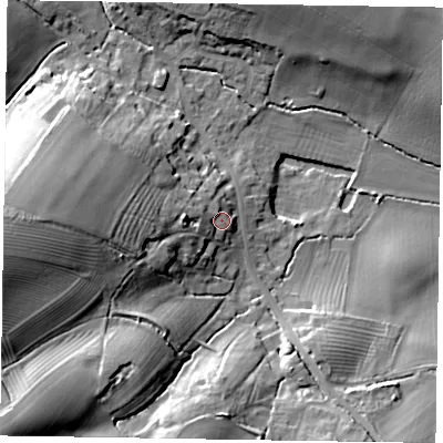 Shaded relief map of the ground around MK168NP, computed from Environment Agency LiDAR. The ground here sits at about 68 m above sea level and falls 30 m across the surrounding 800 m. Surface water reaching this point runs off ground lying to the west, 6.7 m higher.